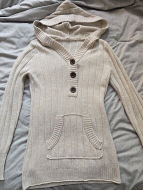 Roxy Hooded Long Cream Knit Sweater Size Large